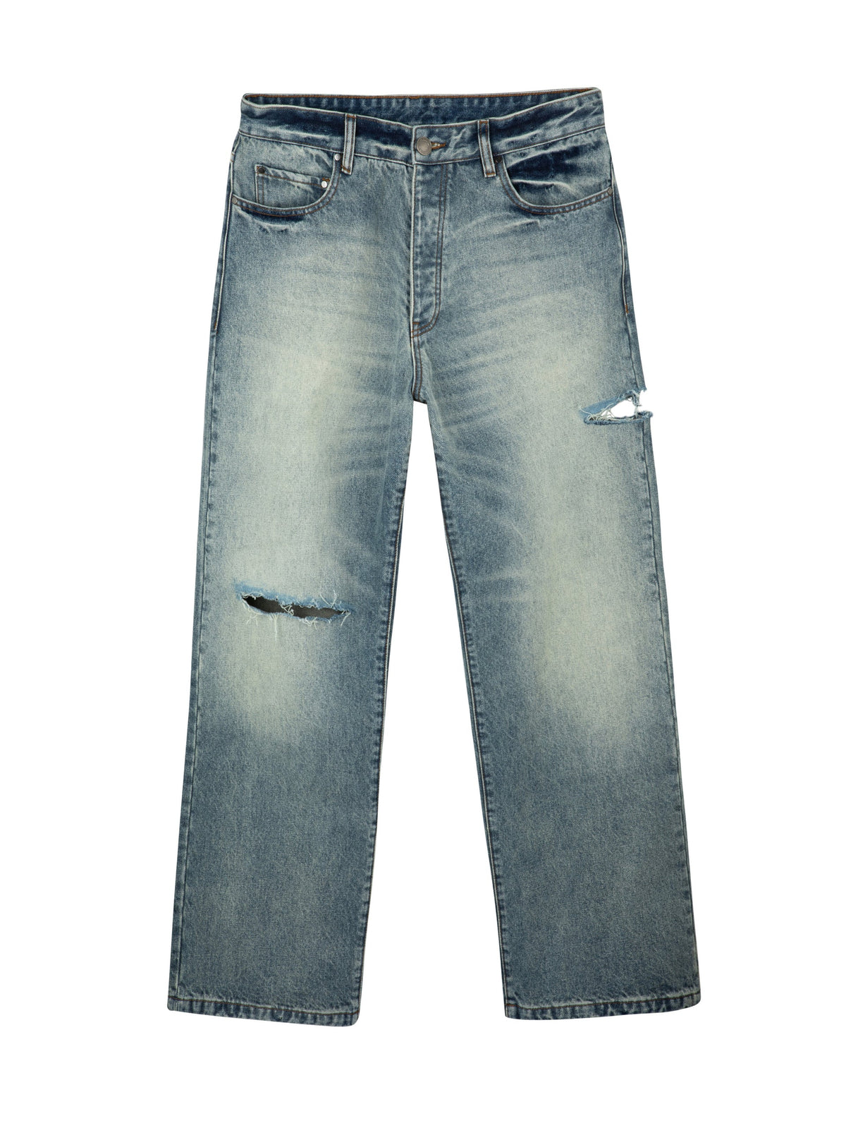 MFOURFIVE Distressed Straight Jeans - Light Vintage Blue